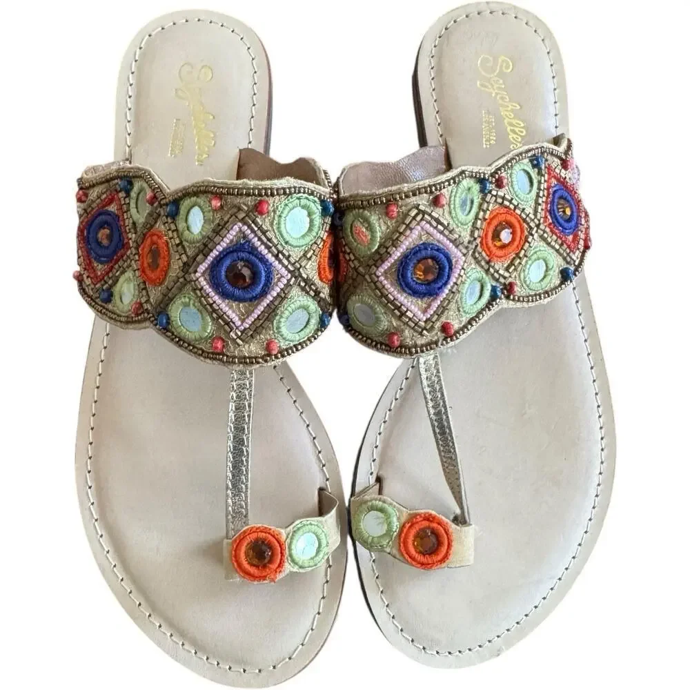 Seychelles Embroidered Beaded Gem Slip On Toe Loop Flat Sandals Women's 8.5